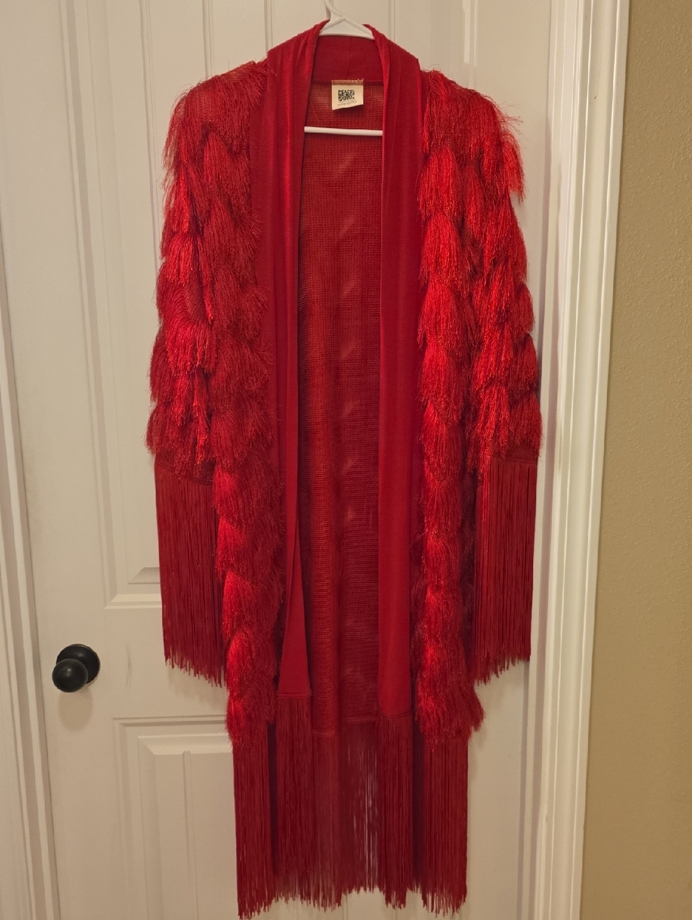 Vibrant Red Fringe Draped Open Cardigan